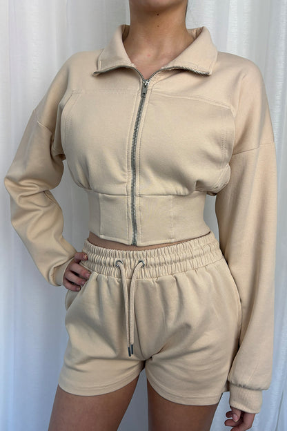 Beige Cropped Jacket & Shorts Co-ord
