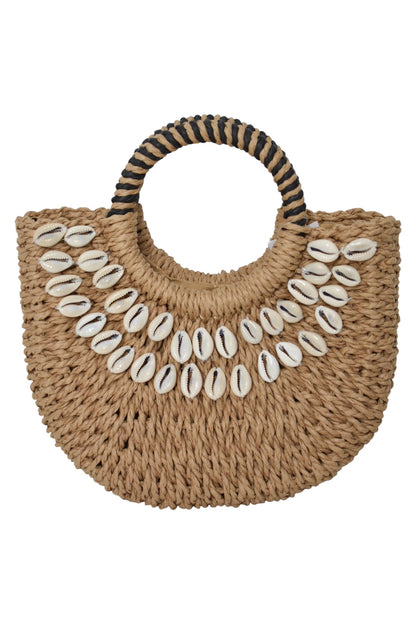 Camel Shell Detail Woven Straw Hoop Bag