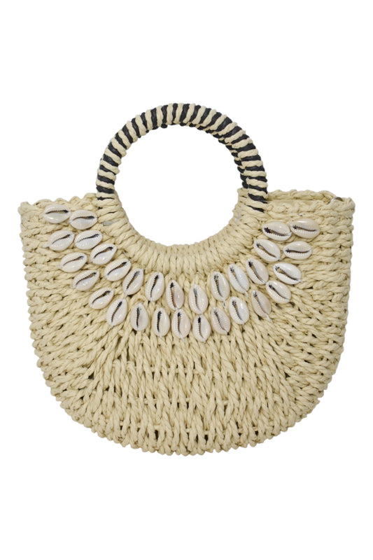 Beige Shell Detail Woven Straw Hoop Bag