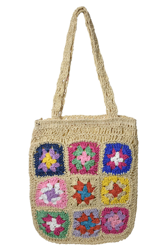 Beige Multi Patch Straw Tote Bag