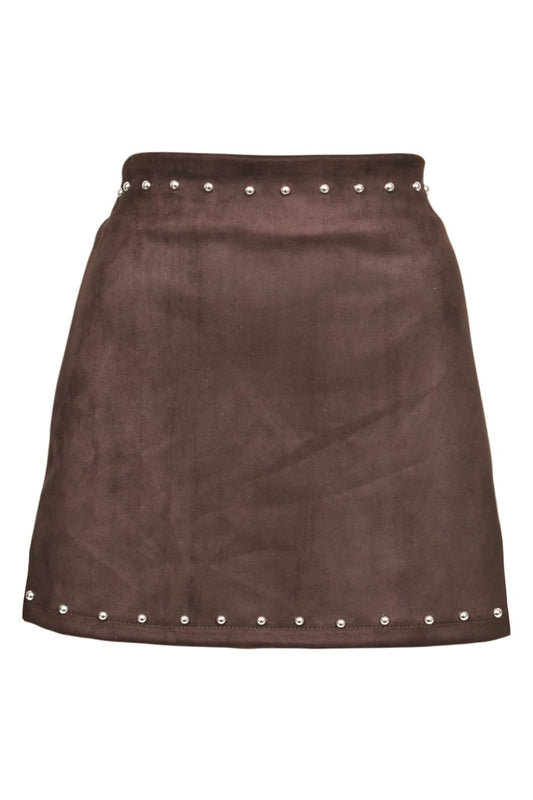Brown Faux Suede Studded Skirt