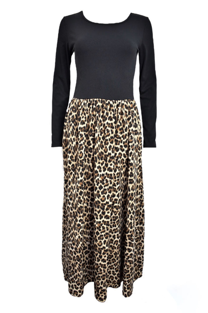 Black Ribbed Long Sleeve Top & Midi Leopard Skirt Dress