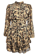 Animal Print Pleated Waist Tiered Hem Dress