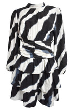 Black, Blue & White Tie Dye Pleated Waist Tiered Hem Dress