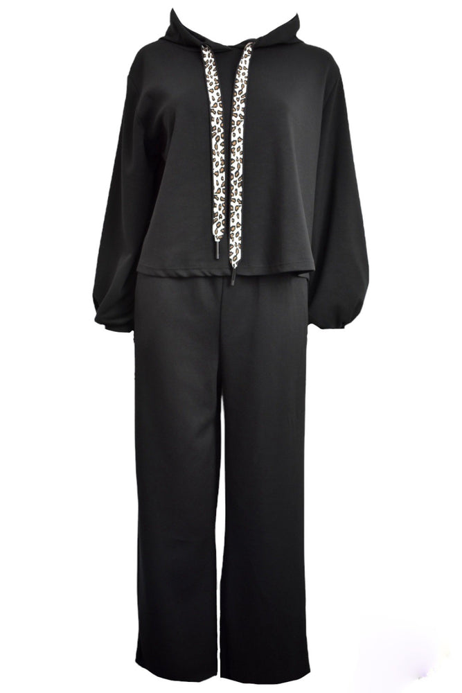 Black Animal Print Tie Wide Leg Loungesuit