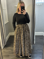 Black Ribbed Long Sleeve Top & Midi Leopard Skirt Dress