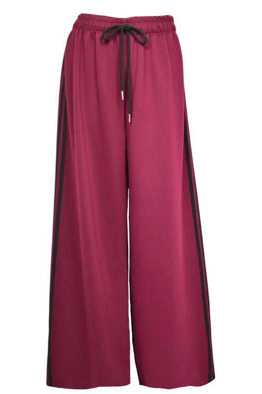 Burgundy & Black Side Stripe Wide Leg Joggers