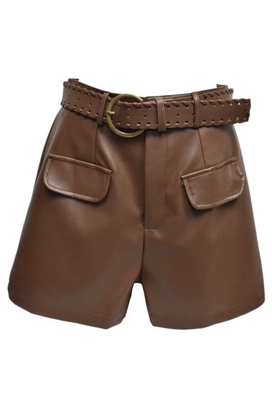 Brown Faux Leather Belted Shorts