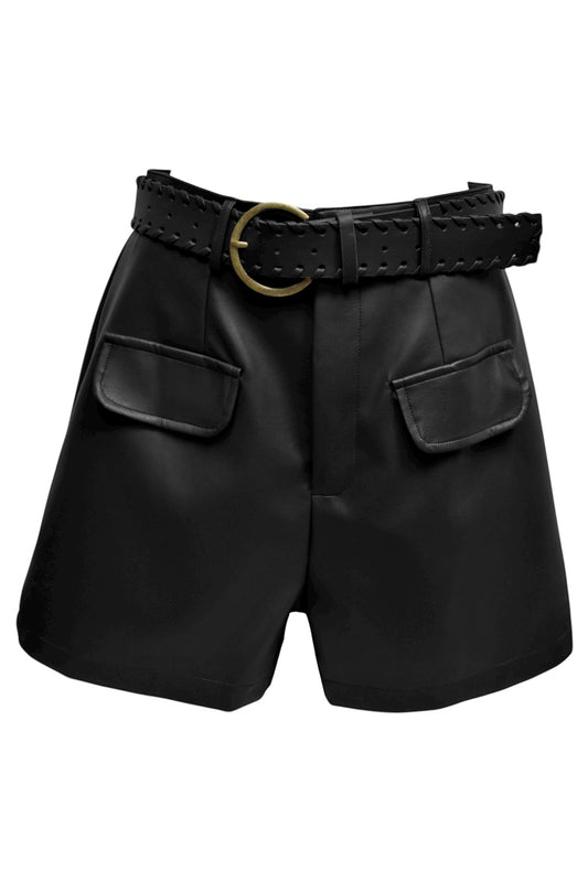 Black Faux Leather Belted Shorts