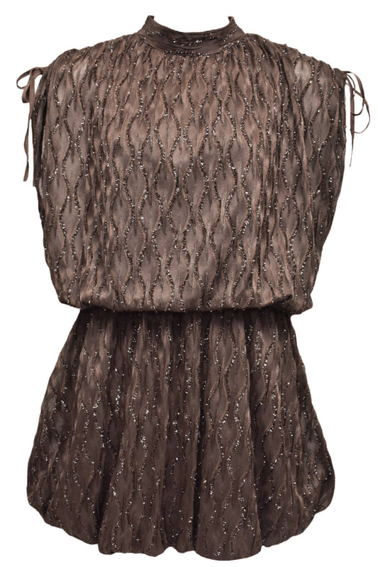 Brown Metallic Thread Bubble Hem Dress