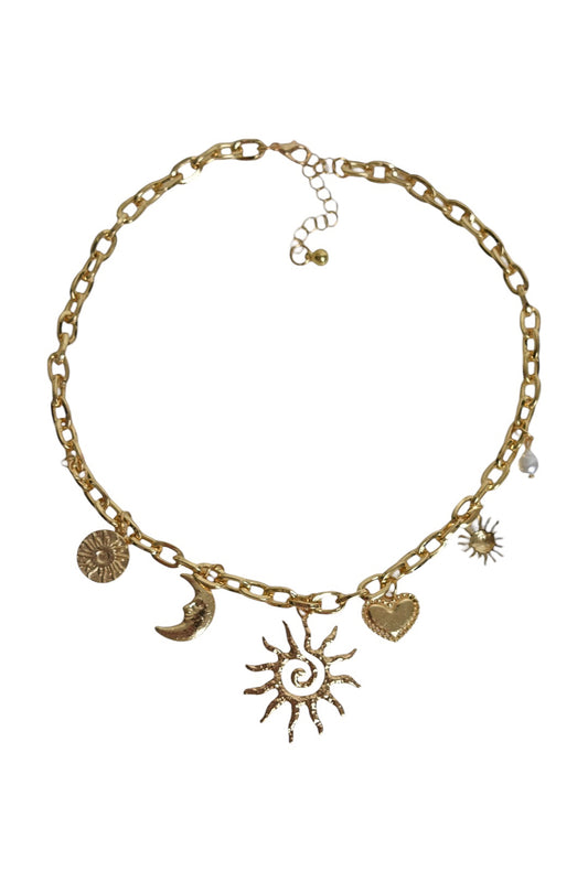 Gold Sun, Moon & Heart Charm Necklace