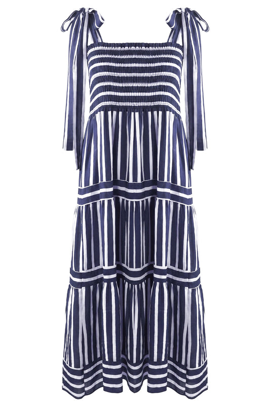 Navy & White Striped Shirred Midi Dress