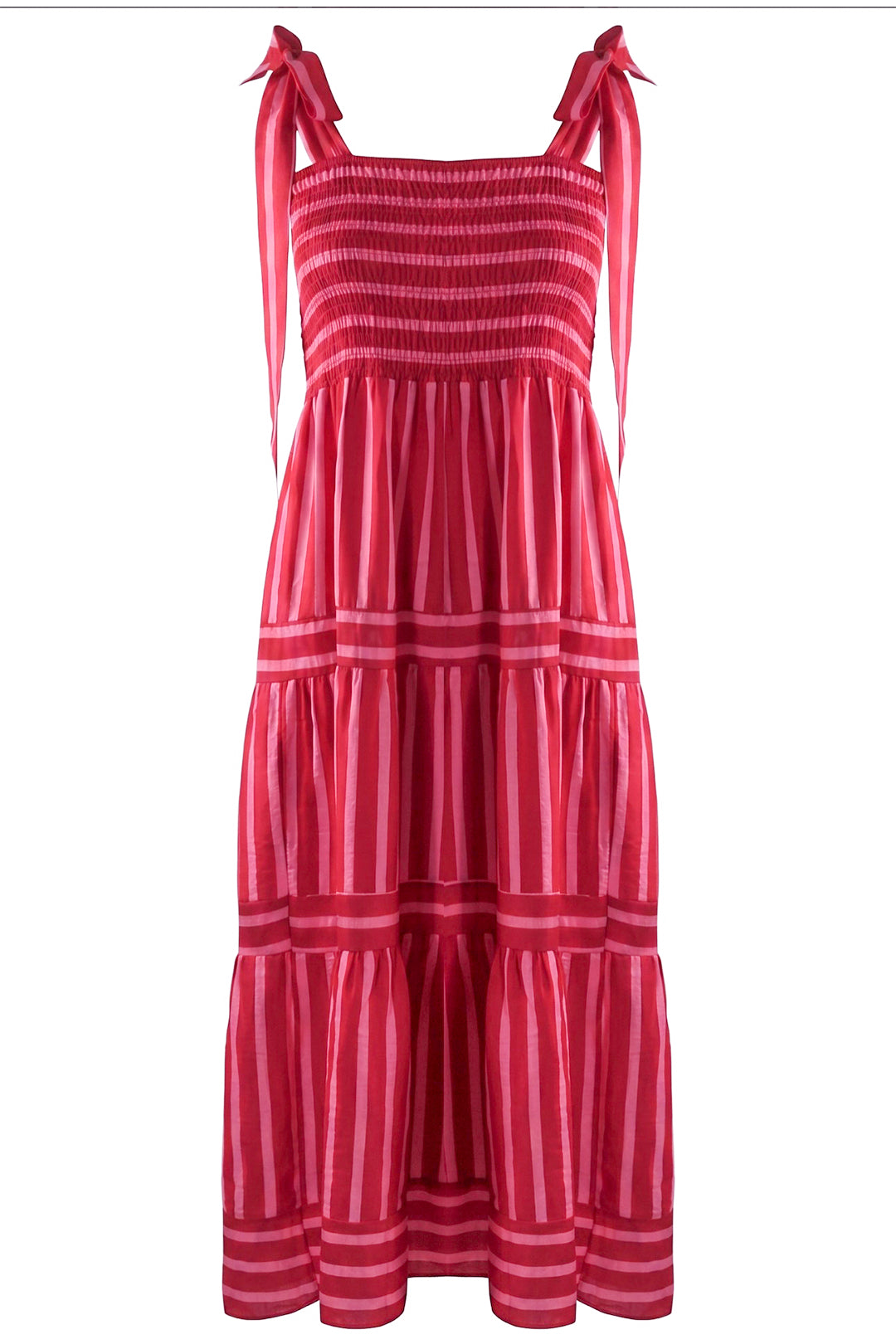 Pink & Red Striped Shirred Midi Dress