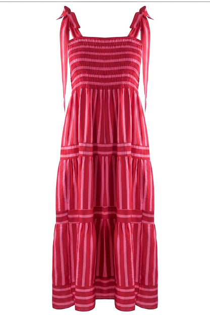 Pink & Red Striped Shirred Midi Dress