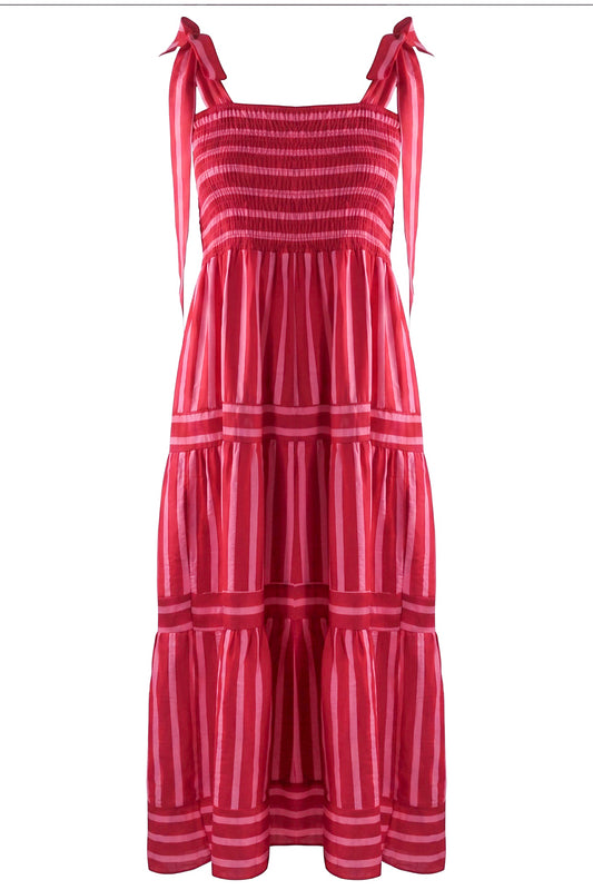 Pink & Red Striped Shirred Midi Dress