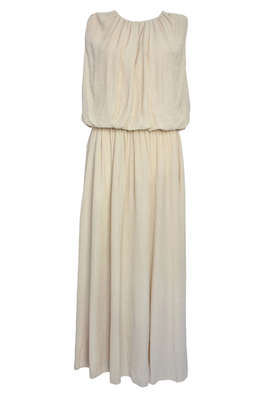 Beige Crinkle Puffball Sleeveless Maxi Dress