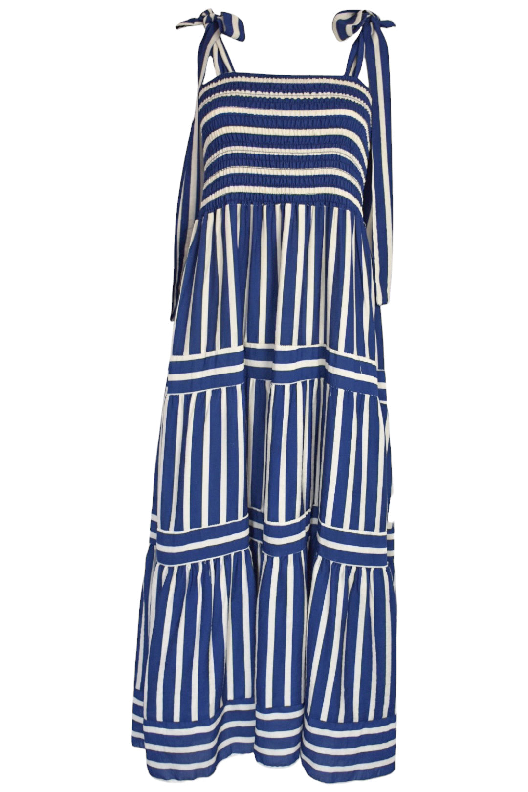 Navy & White Striped Shirred Midi Dress