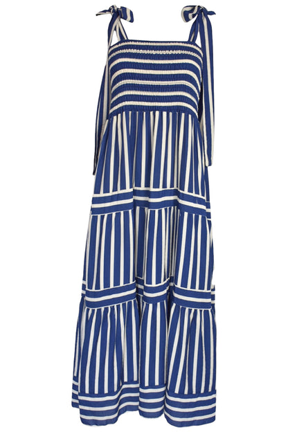 Navy & White Striped Shirred Midi Dress