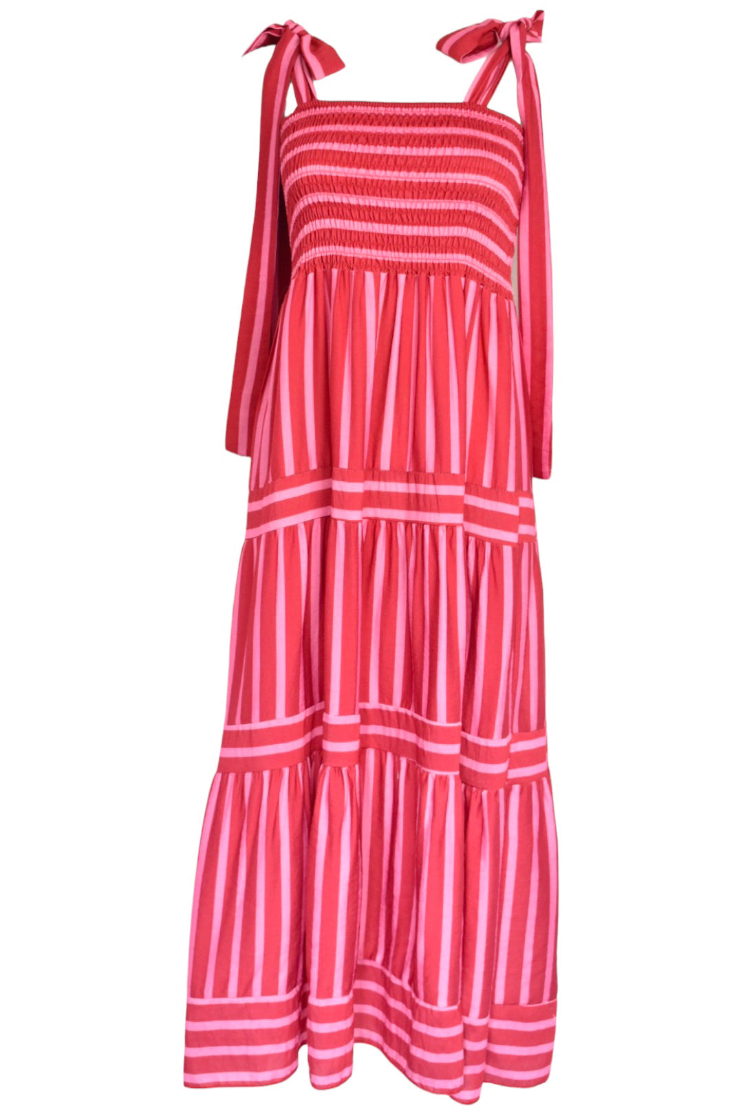 Pink & Red Striped Shirred Midi Dress