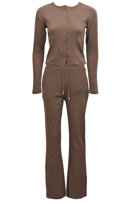 Brown Ribbed Button Up Long Sleeve Top & Flared Trousers Co-ord