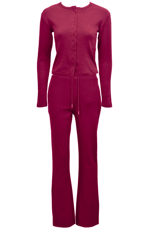 Burgundy Ribbed Button Up Long Sleeve Top & Flared Trousers Co-ord