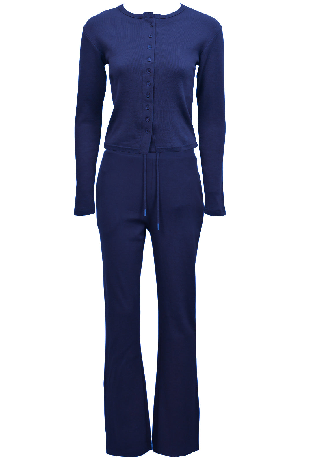 Navy Ribbed Button Up Long Sleeve Top & Flared Trousers Co-ord