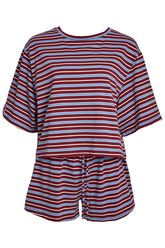 Burgundy & Blue Striped T-Shirt & Shorts Co-ord