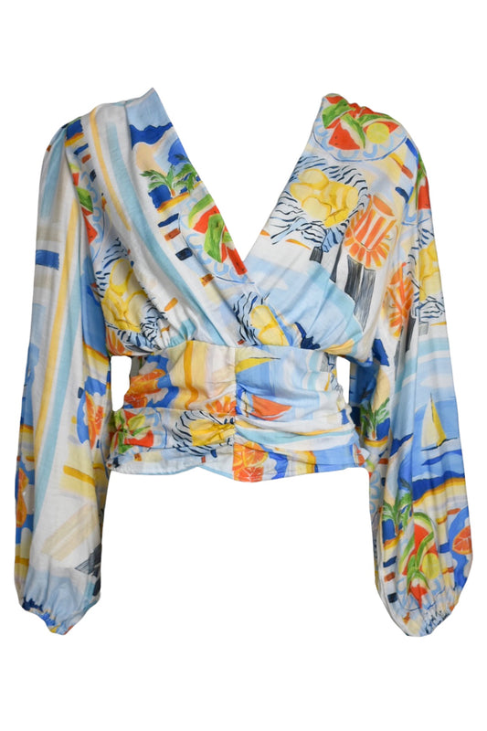 Blue Fruit Print Crossover Blouse