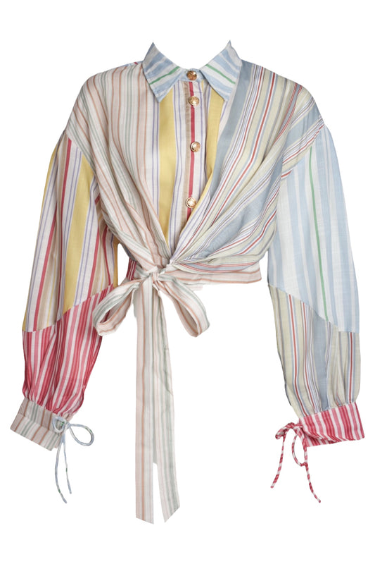 Multi Striped Wrap Belted Blouse