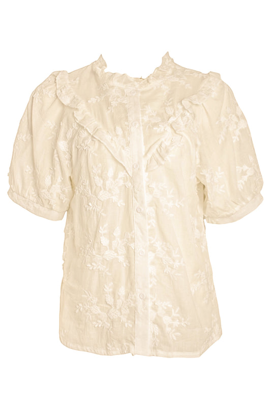 Beige Floral Embroidered Short Sleeve Blouse