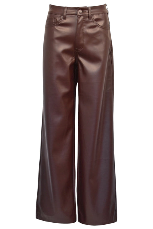Chocolate Brown Faux Leather Wide Leg Trousers