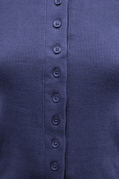 Navy Ribbed Button Up Long Sleeve Top & Flared Trousers Co-ord