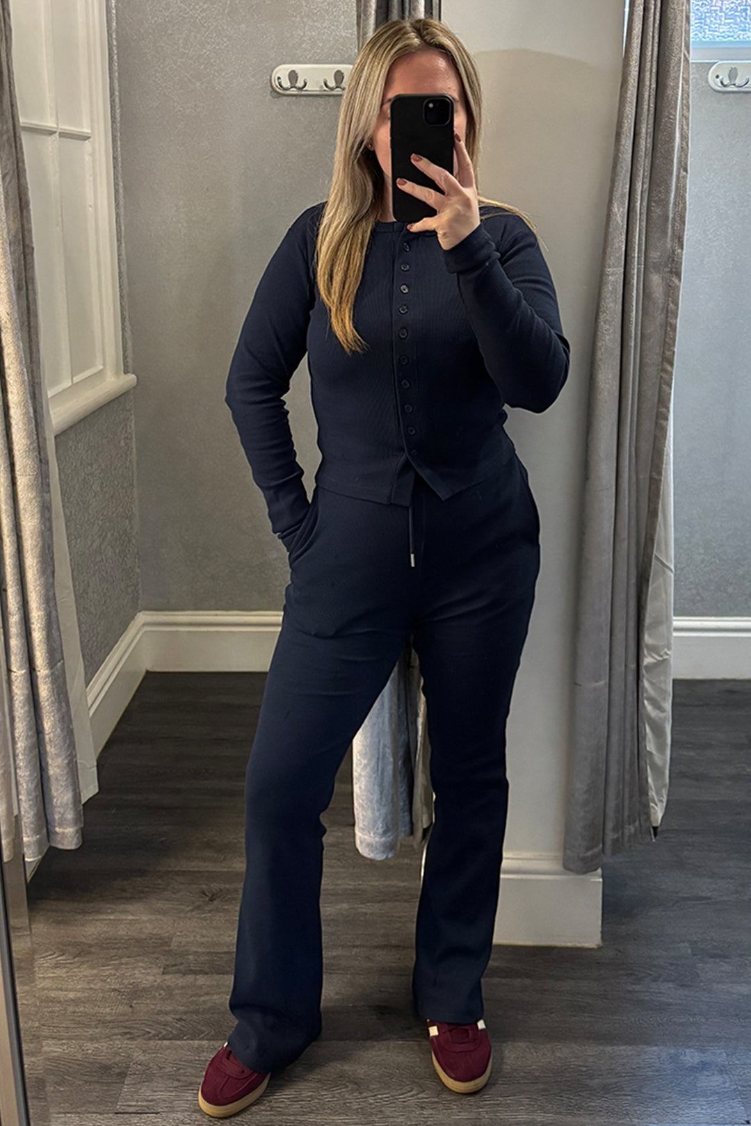 Navy Ribbed Button Up Long Sleeve Top & Flared Trousers Co-ord