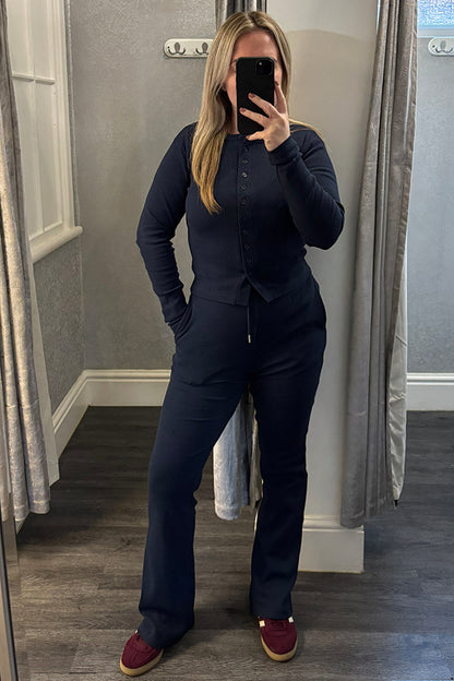 Navy Ribbed Button Up Long Sleeve Top & Flared Trousers Co-ord