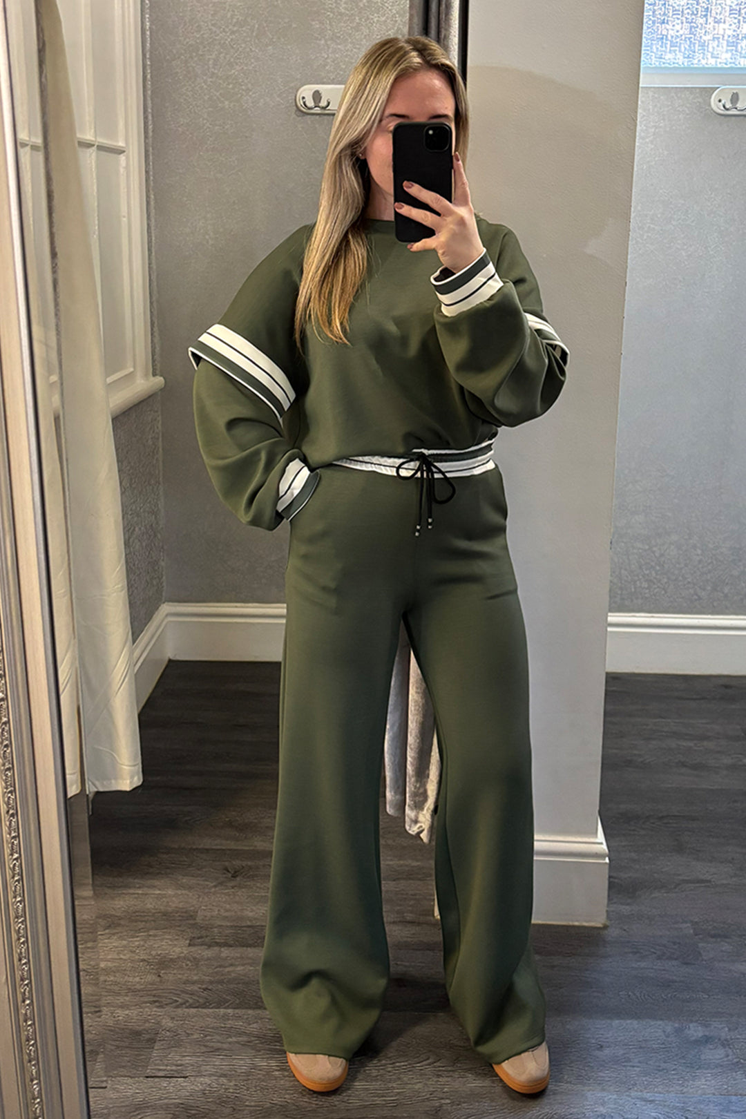Khaki Striped Dropped Sleeve Loungesuit