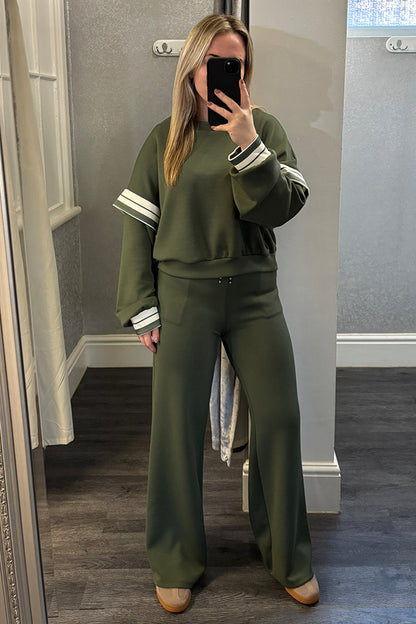 Khaki Striped Dropped Sleeve Loungesuit