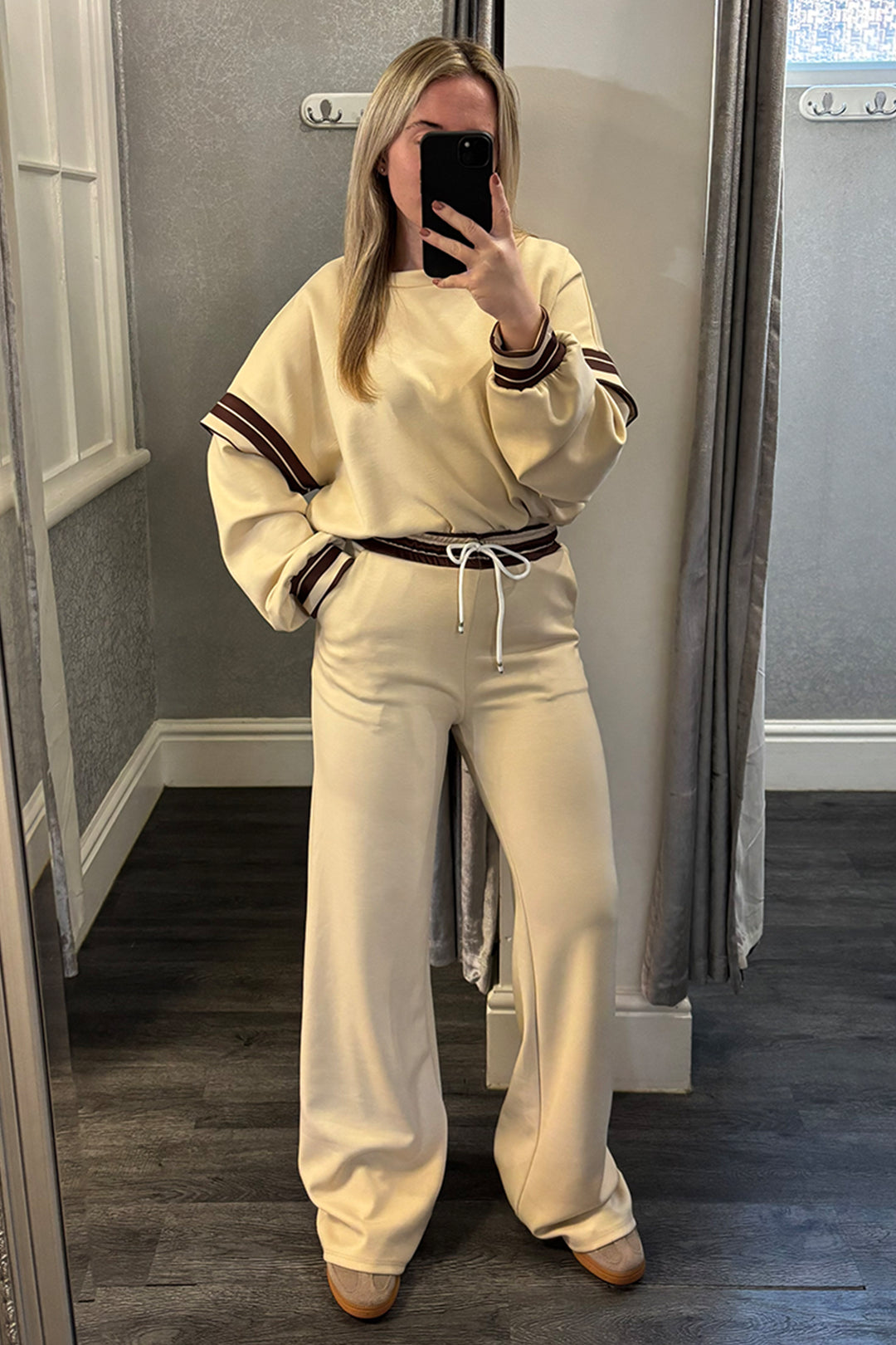 Beige Striped Dropped Sleeve Loungesuit