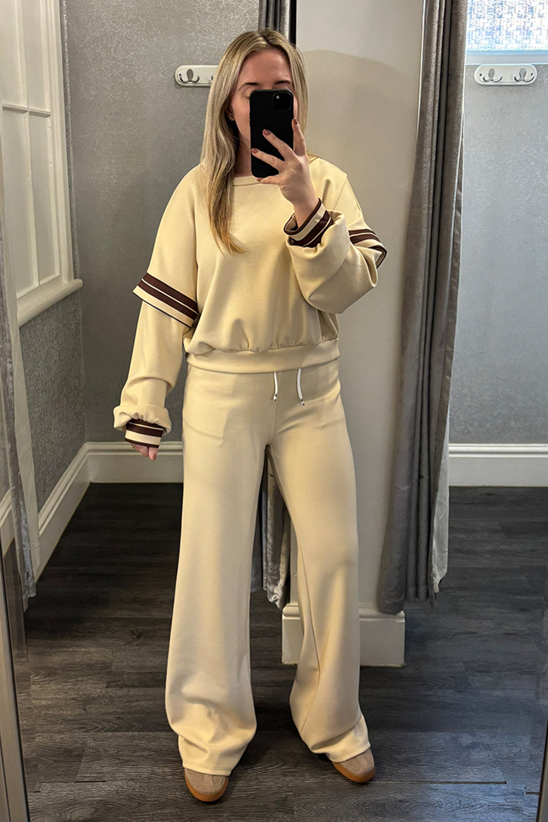 Beige Striped Dropped Sleeve Loungesuit