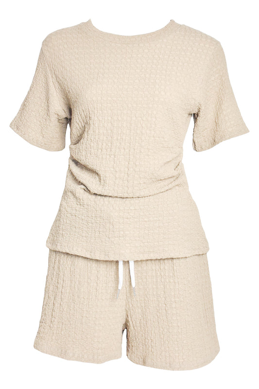Beige Crinkle Ruched Side T-Shirt & Shorts Co-ord