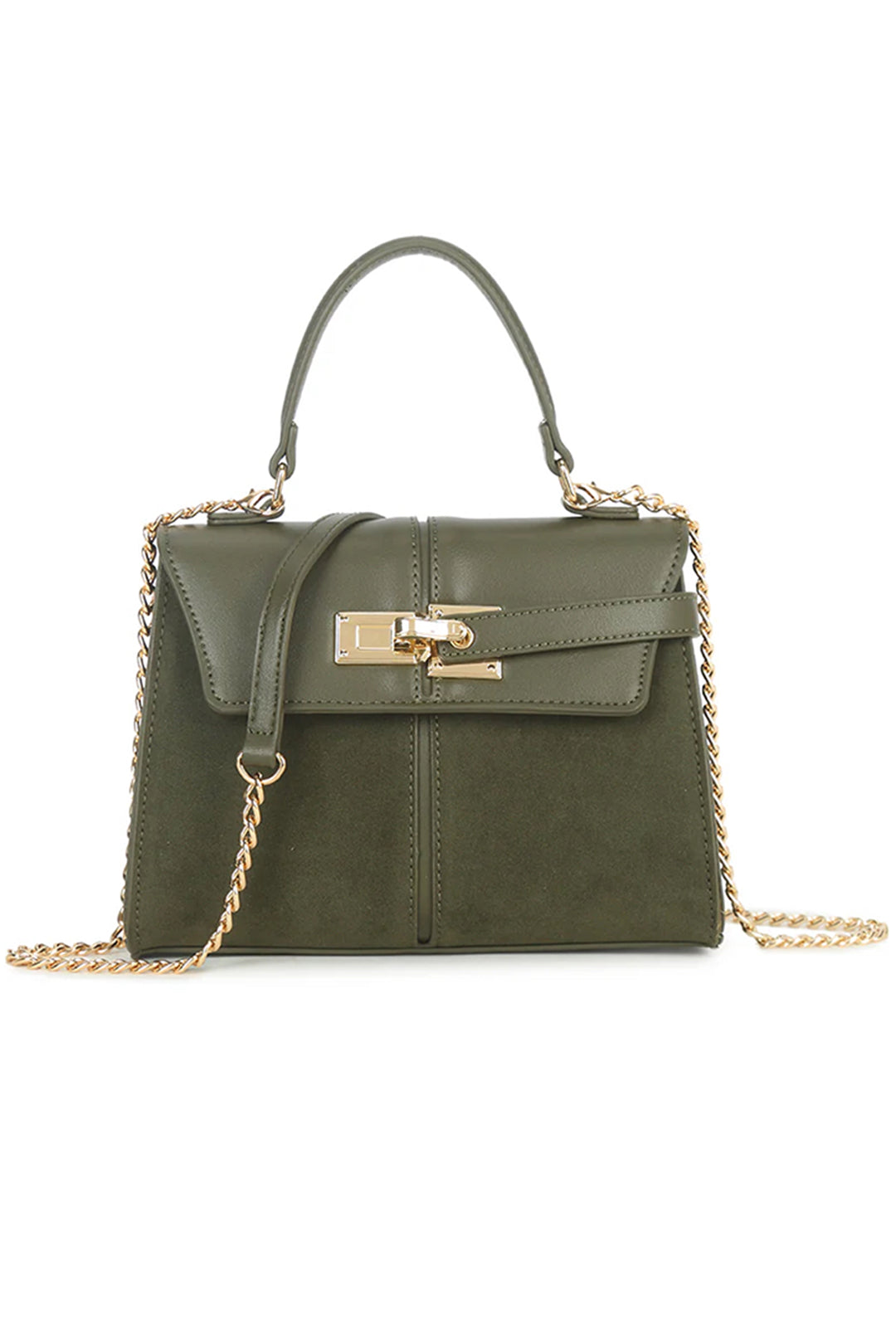 Khaki Faux Suede & Leather Grab Contrast Bag