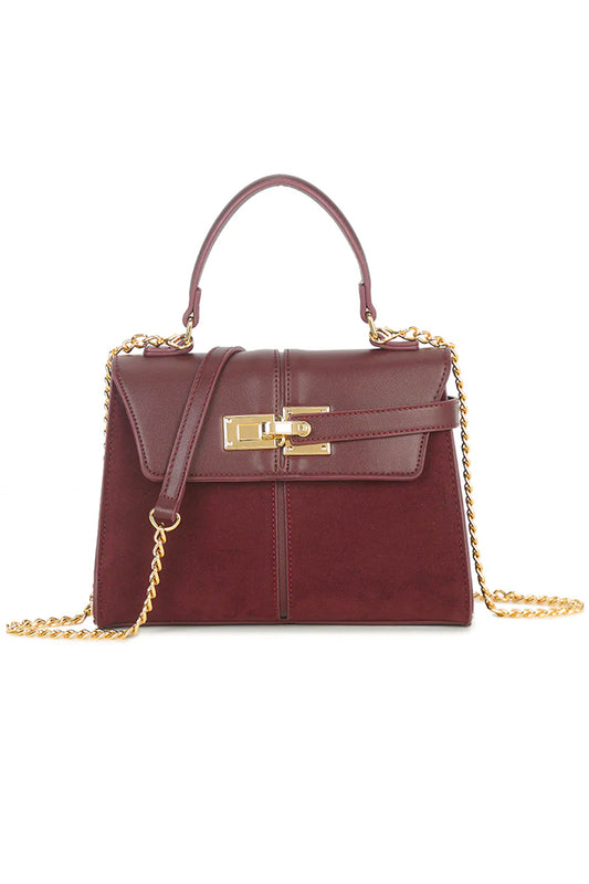 Burgundy Faux Suede & Leather Contrast Grab Bag