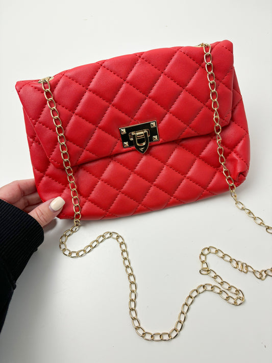 Red Quilted Gold Chain Cross Body Bag