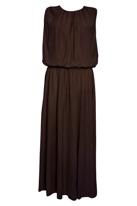 Brown Crinkle Puffball Sleeveless Maxi Dress