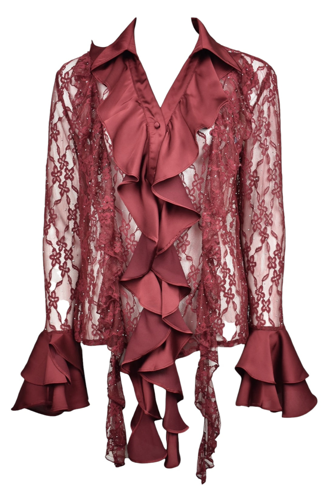 Burgundy Lace & Satin Frill Shirt