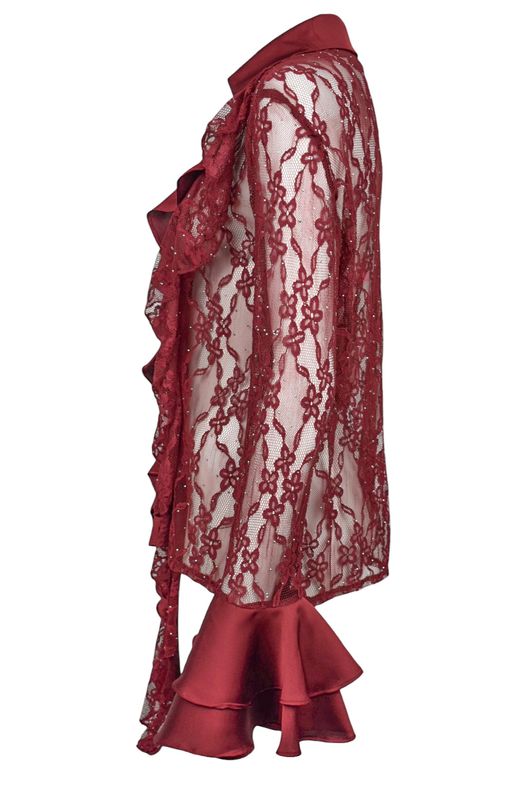 Burgundy Lace & Satin Frill Shirt