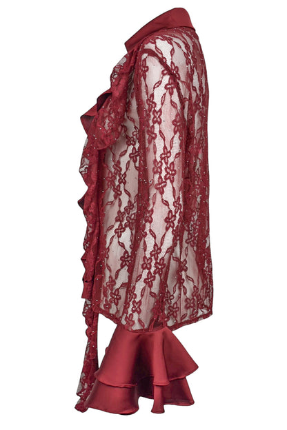 Burgundy Lace & Satin Frill Shirt