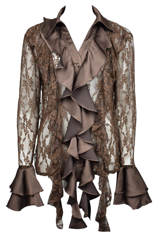 Brown Lace & Satin Frill Shirt