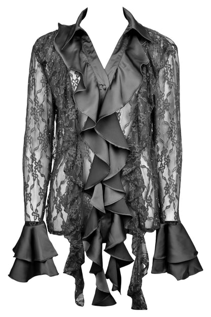 Black Lace & Satin Frill Shirt