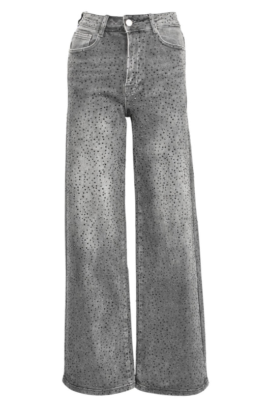 Grey Denim & Black Diamante Straight Leg Jeans