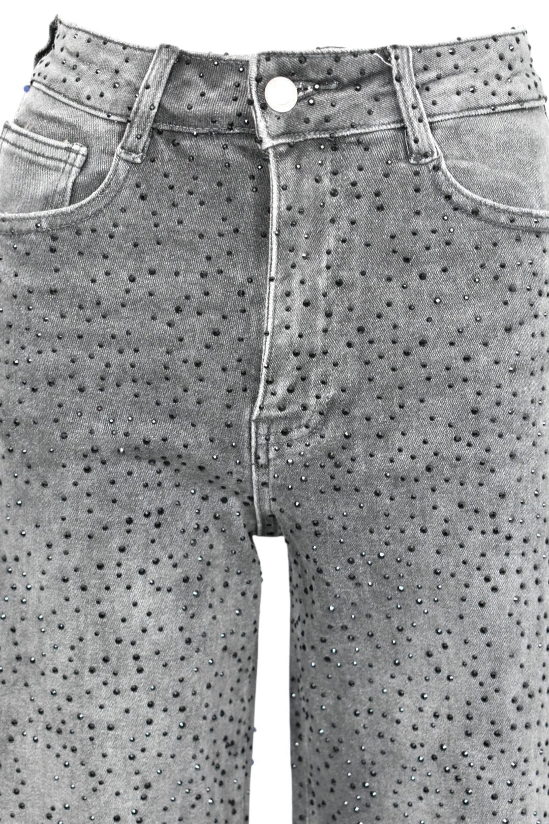 Grey Denim & Black Diamante Straight Leg Jeans